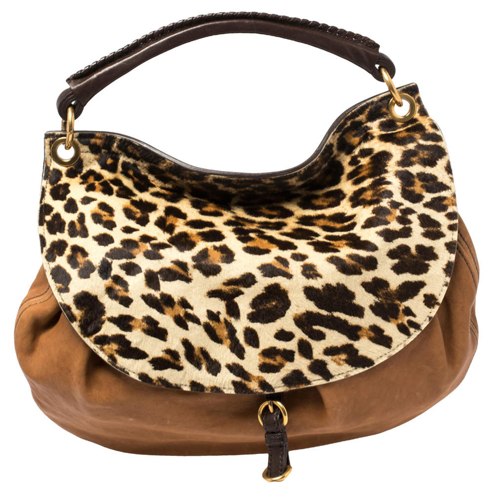 Miu Miu Tan Beige Leopard Print Calfhair and Leather Flap Hobo