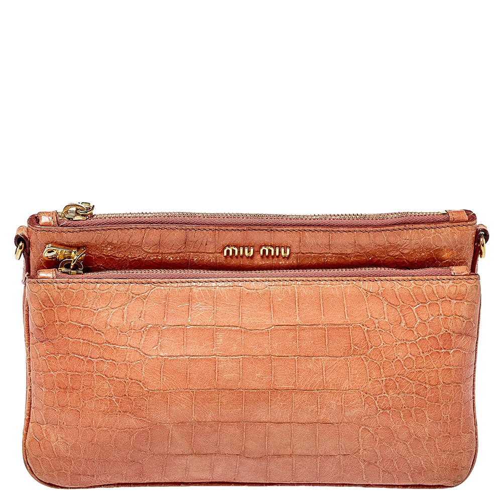 Pre Owned Miu Miu Pink Croc Embossed Leather Crossbody Bag