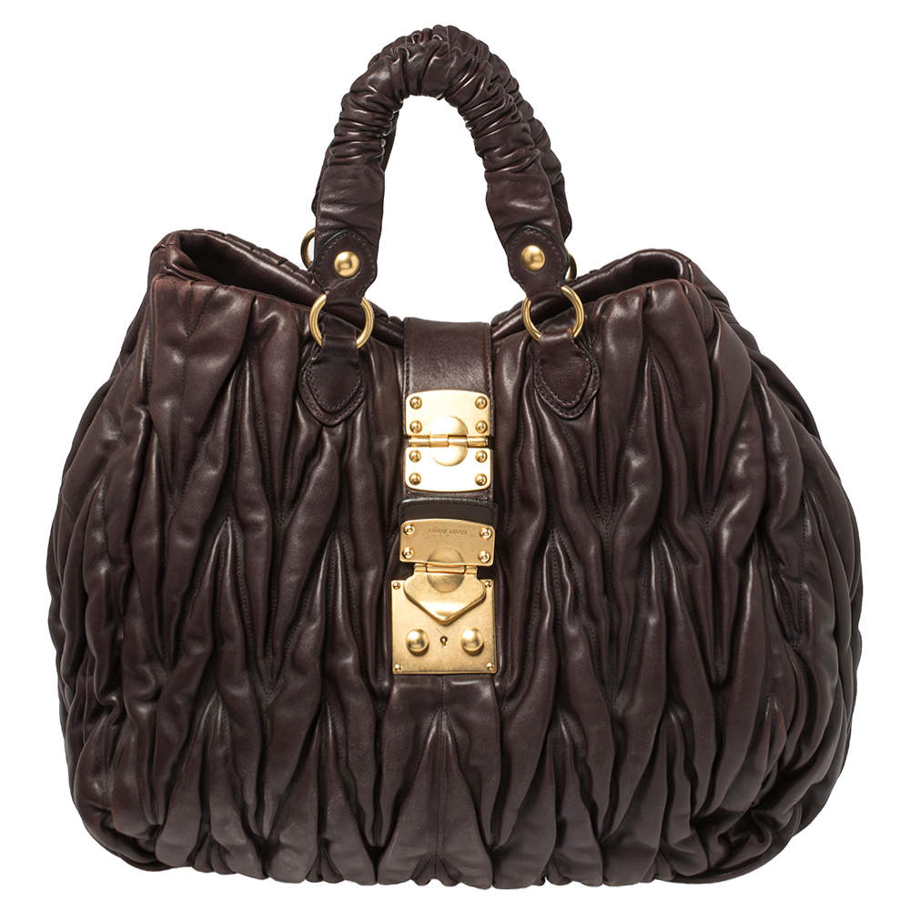 Pre Owned Miu Miu Chocolate Brown Matelassé Leather Large Shopper Tote