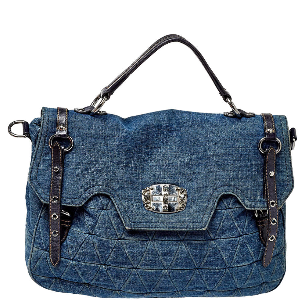 Pre Owned Miu Miu Blue Quilted Denim and Leather Paloma Top Handle Bag