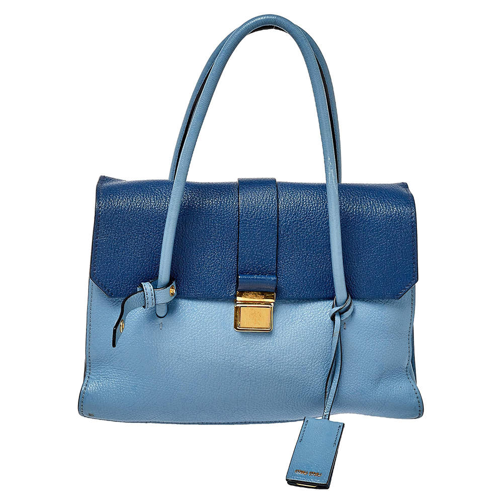 Miu Miu Blue Leather Madras Top Handle Bag