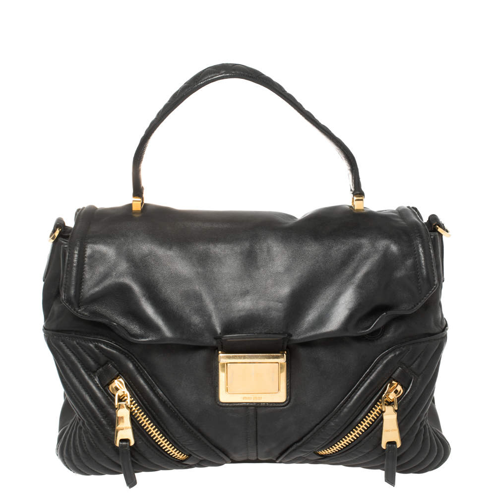 Pre Owned Miu Miu Black Quilted Leather Biker Top Handle Bag