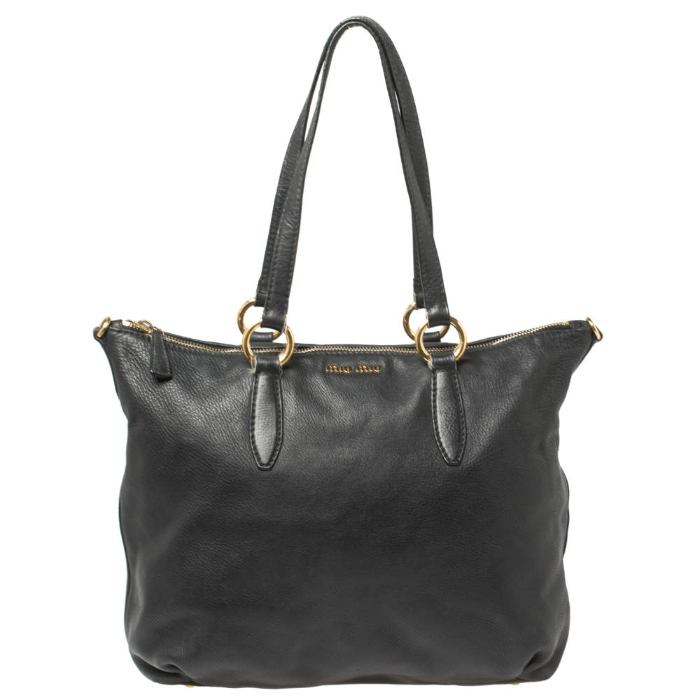 Pre Owned Miu Miu Black Leather Tote Bag