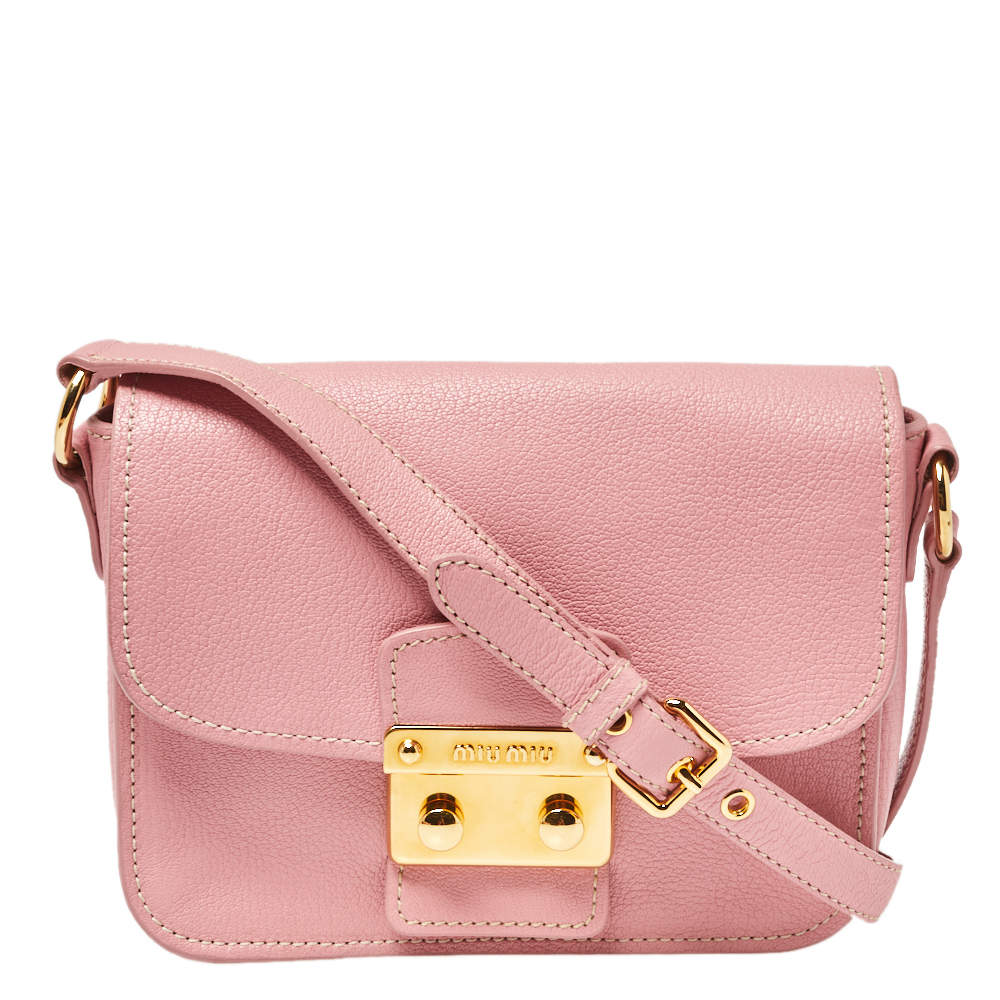 Pre Owned Miu Miu Pink Madras Leather Pushlock Flap Shoulder Bag
