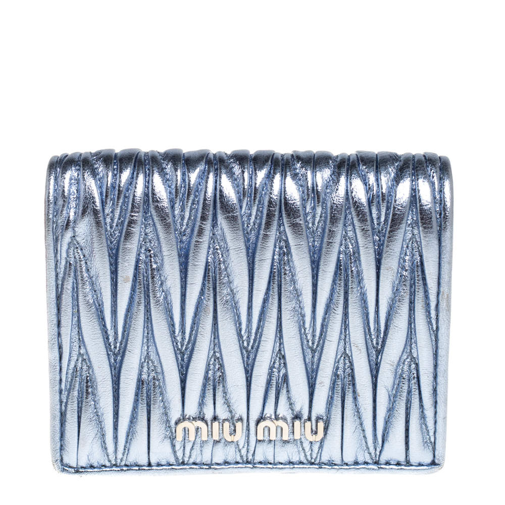 Miu Miu Metallic Blue Matelassé Leather Flap Compact Wallet
