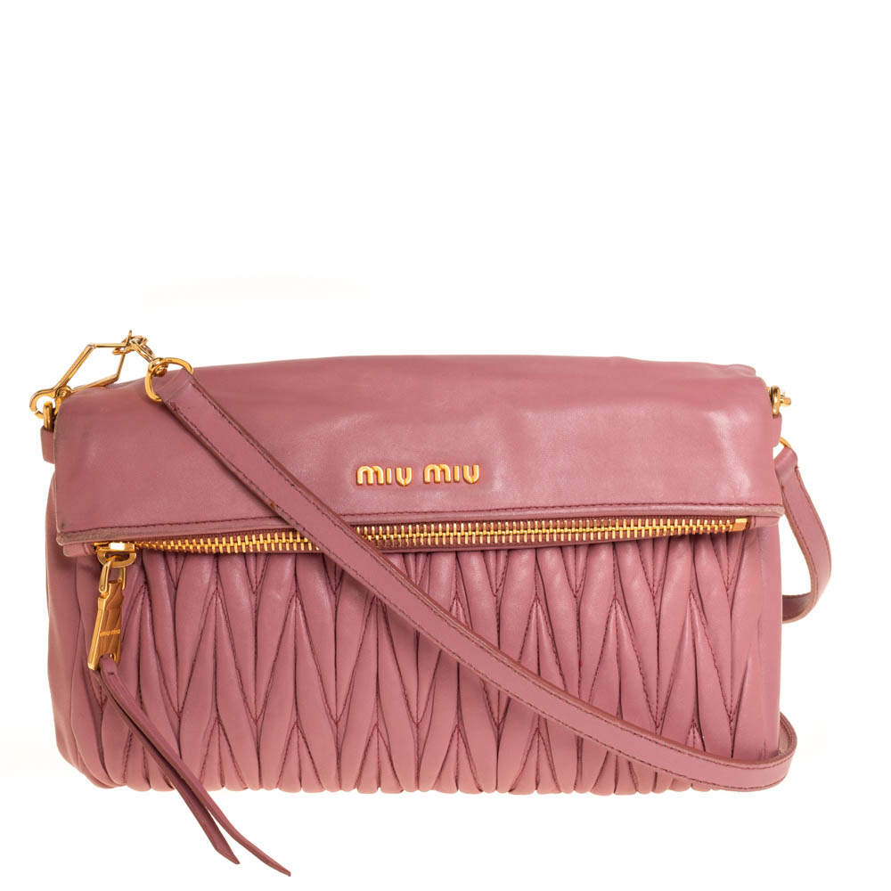 Pre Owned Miu Miu Pale Pink Matelassé Leather Fold Over Clutch Bag
