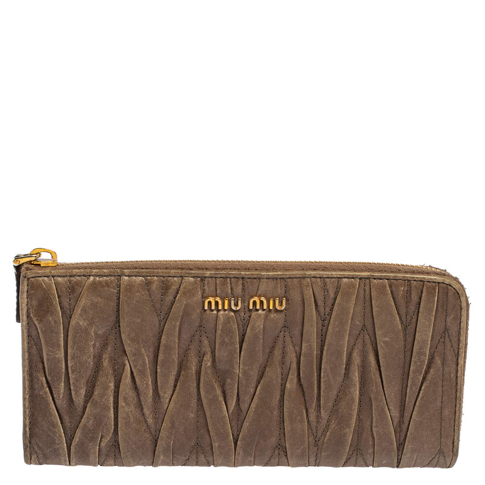 Miu Miu Dark Beige Matelassé Leather Zip Around Continental Wallet