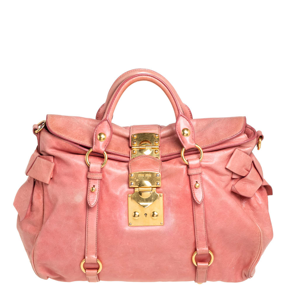 Pre Owned Miu Miu Pink Leather Side Bow Tote