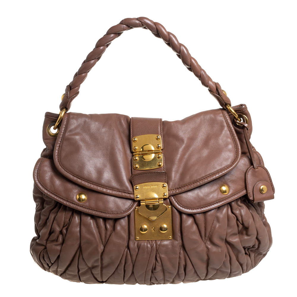 Pre Owned Miu Miu Brown Matelassé Leather Coffer Hobo