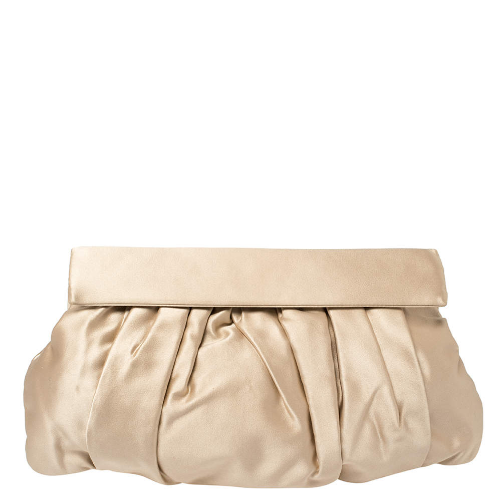 Pre Owned Miu Miu Beige Pleated Satin Flap Clutch