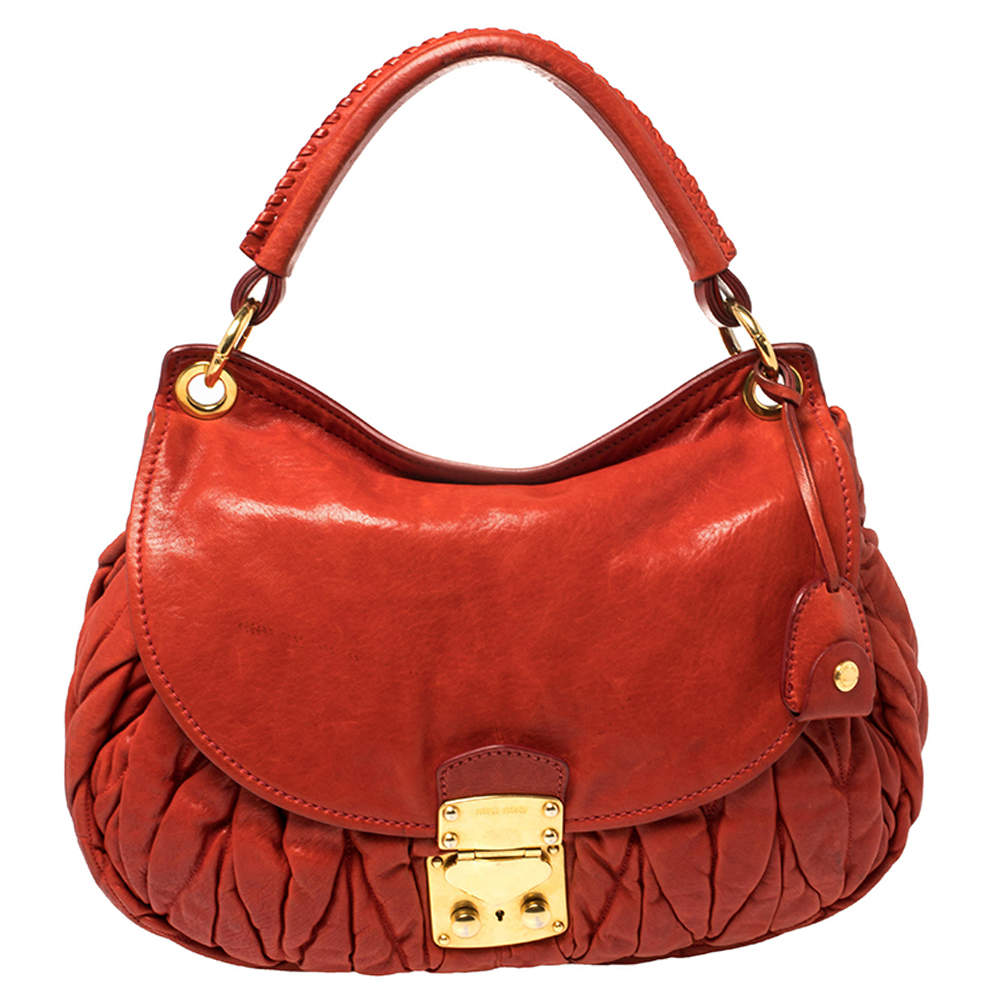 Pre Owned Miu Miu Burnt Orange Matelassé Leather Small Coffer Hobo