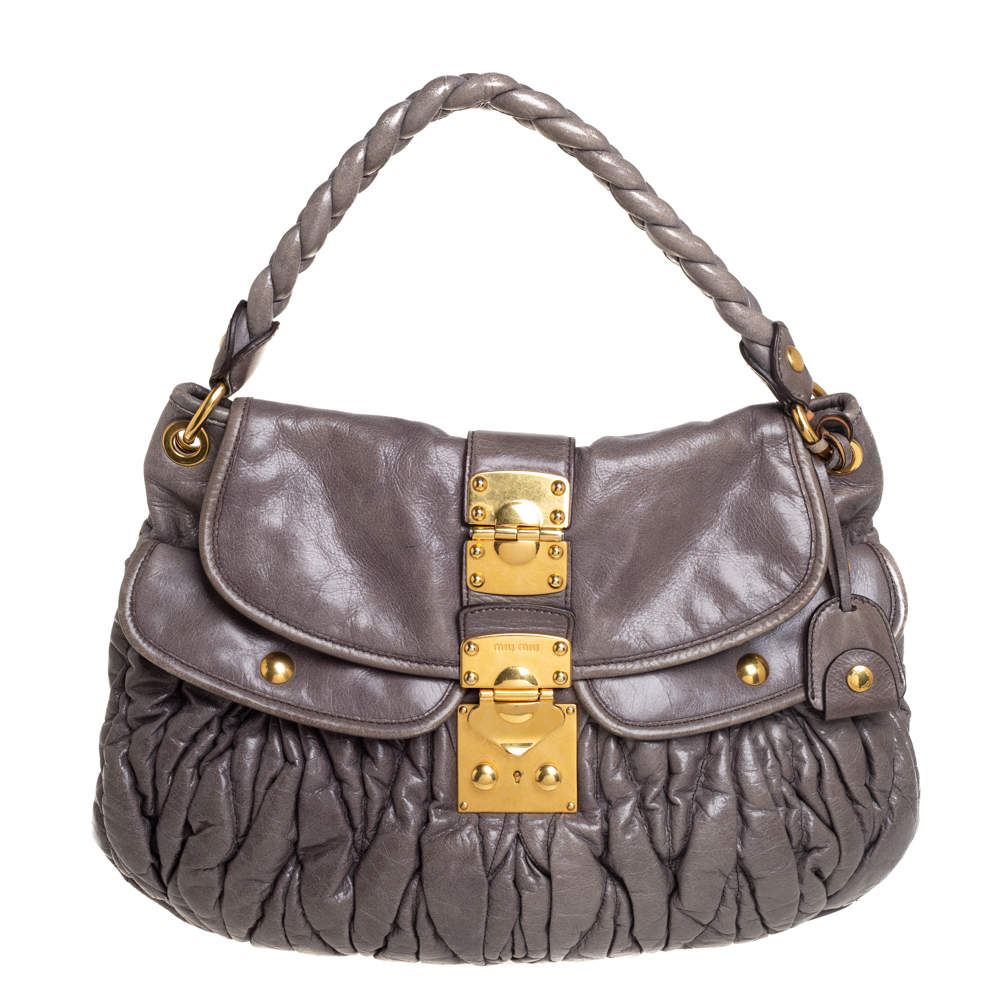 Pre Owned Miu Miu Dark Grey Matelassé Leather Coffer Hobo