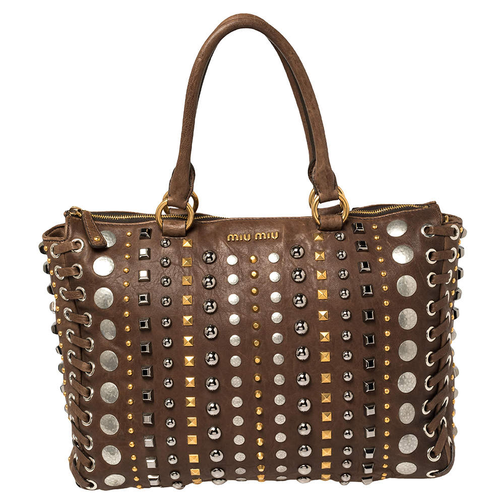 Pre Owned Miu Miu Brown Leather Studded Embellished Monk Tote