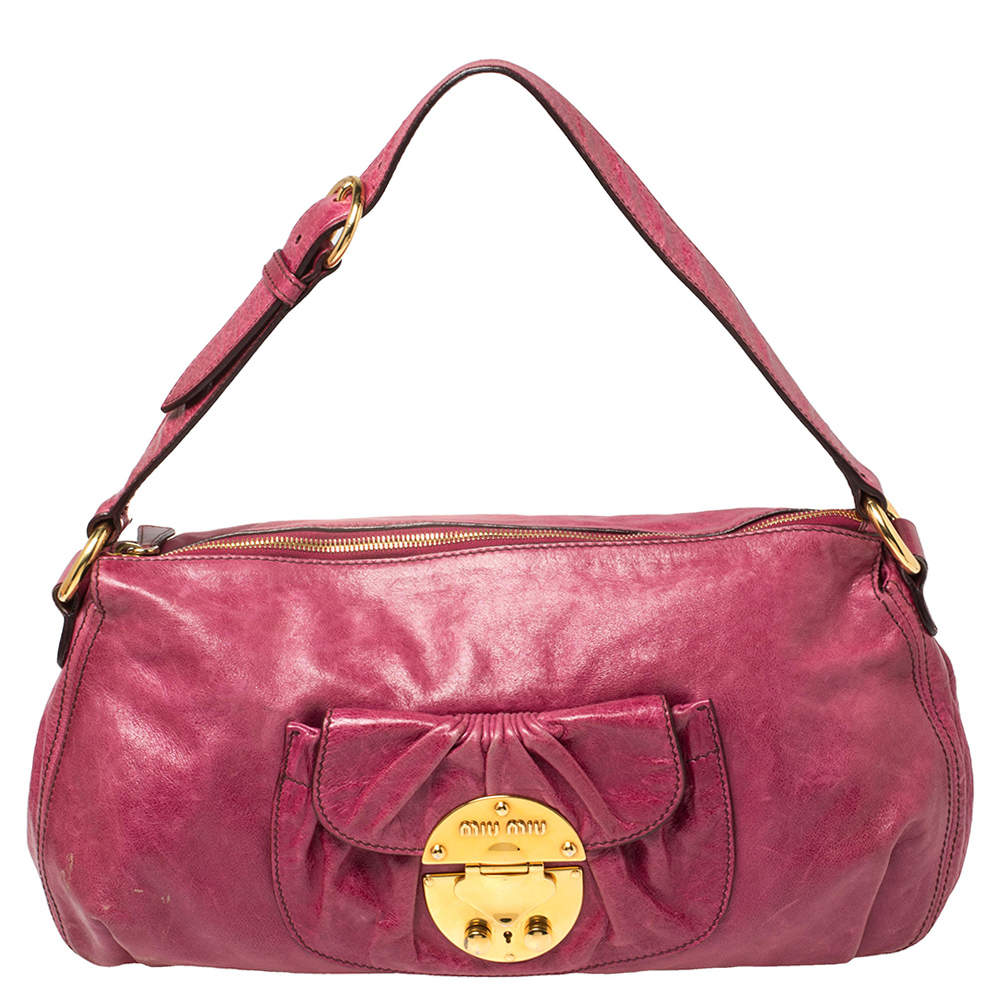 Pre Owned Miu Miu Magenta Leather Front Pocket Hobo