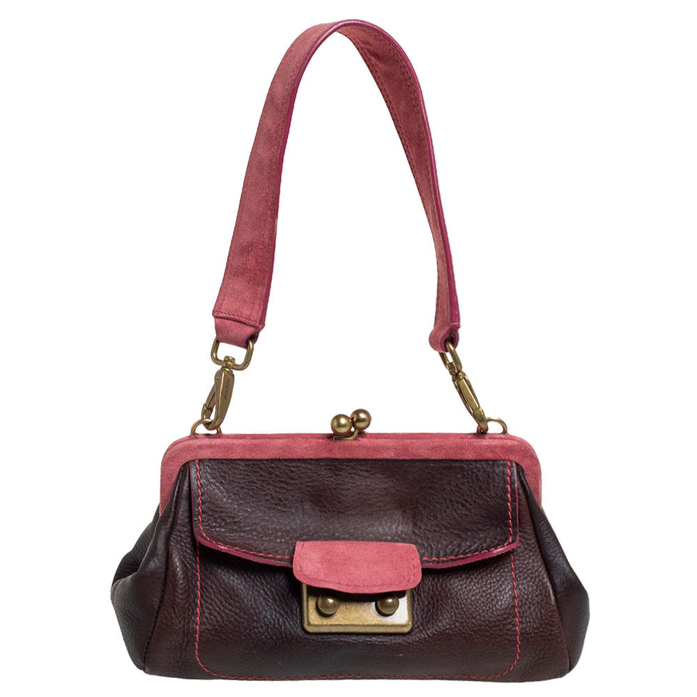 Pre Owned Miu Miu Pink/Brown Leather and Suede Kiss Lock Frame Clutch