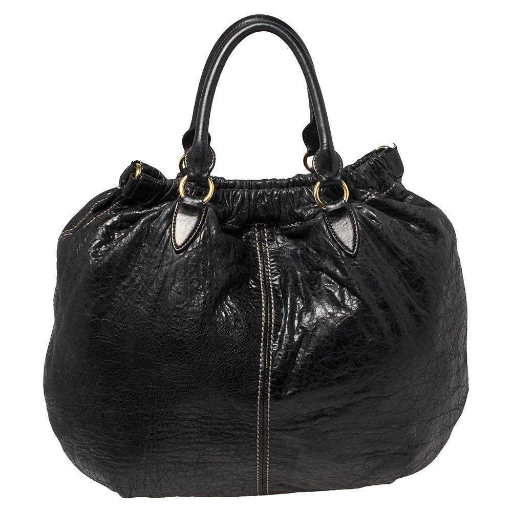 Pre Owned Miu Miu Black Distressed Leather Hobo