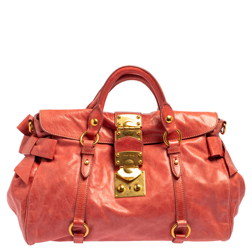 Pre Owned Miu Miu Coral Orange Vitello Lux Leather Bow Satchel