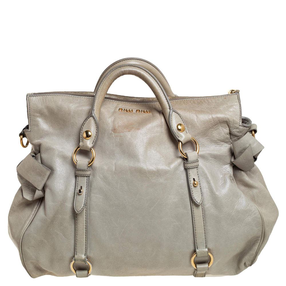 Pre Owned Miu Miu Avocado Vitello Lux Leather Bow Satchel