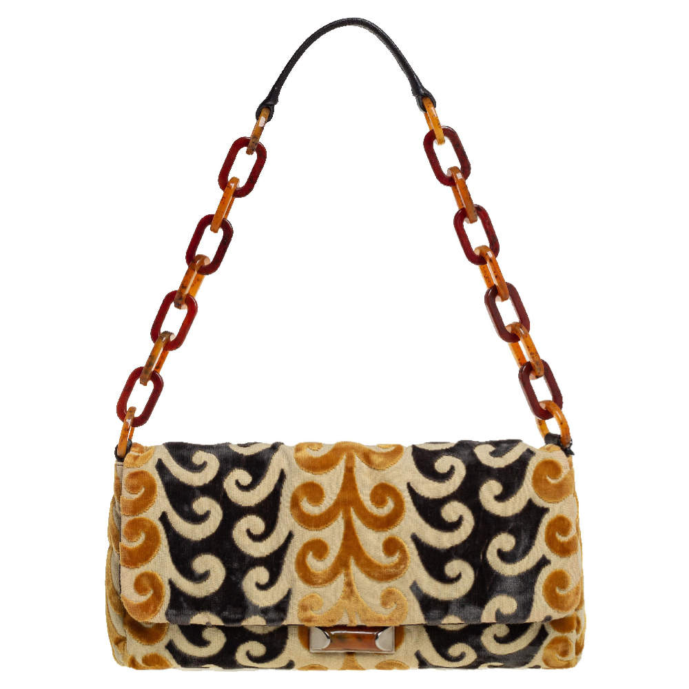 Pre Owned Miu Miu Mustard/Green Velvet and Canvas Flap Tortoise Handle Bag