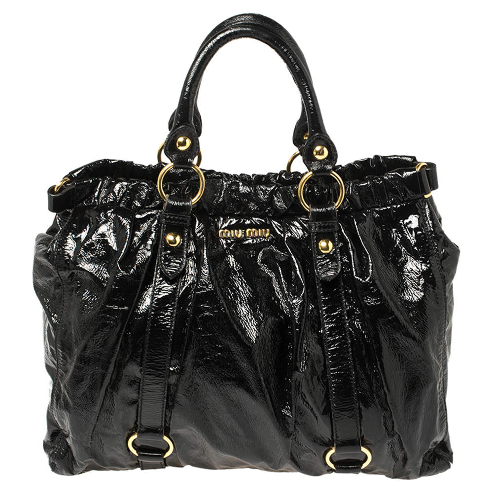 Pre Owned Miu Miu Black Patent Leather Gathered Tote