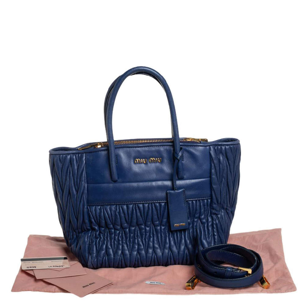 Miu Miu Matelasse Leather Shoulder Tote Bag Navy Blue Calfskin Leather