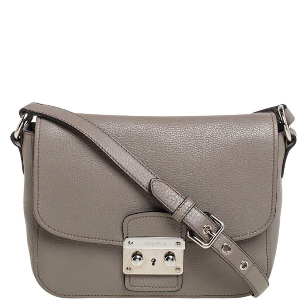 Pre Owned Miu Miu Argilla Grey Leather Madras Crossbody Bag 