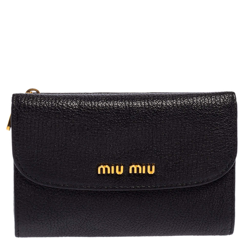 Miu Miu Black Leather Madras Compact Wallet