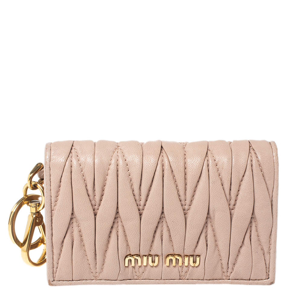 Pre Owned Miu Miu Beige Matelassé Leather Flap Compact Card Case