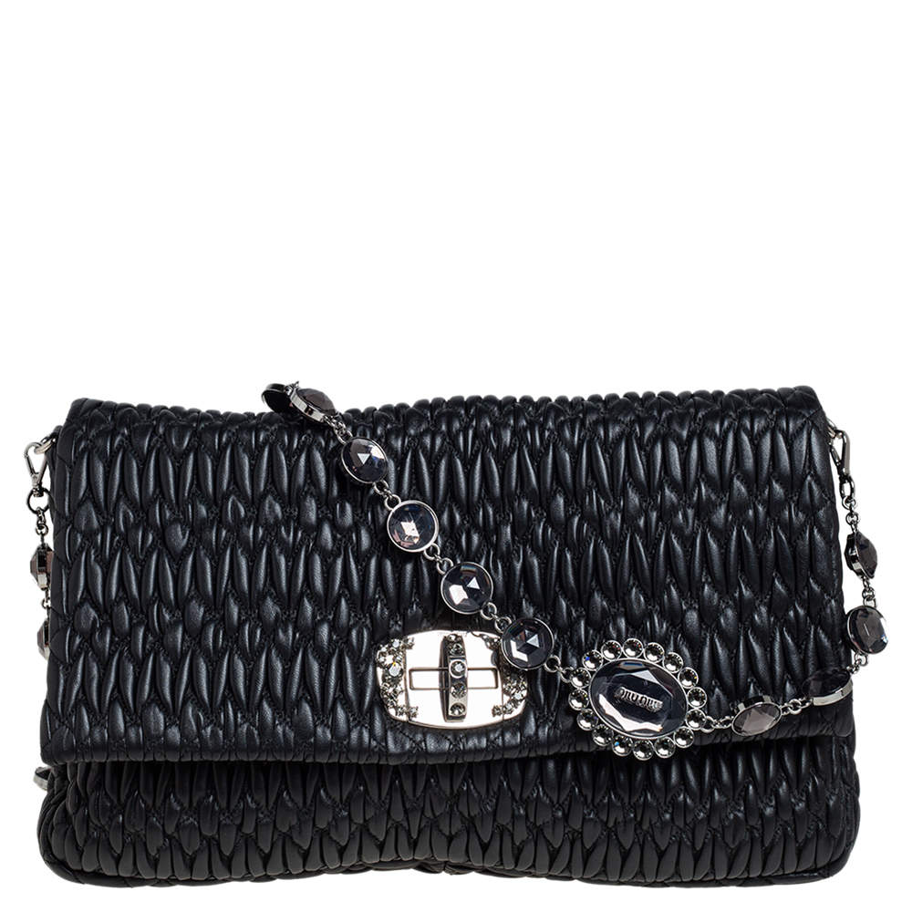 Pre Owned Miu Miu Black Matelassé Leather Crystal Embellished Shoulder Bag