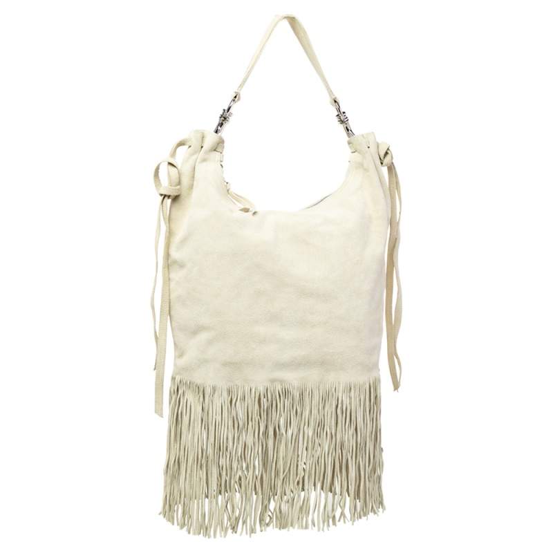 Miu Miu Light Beige Suede Fringe Hobo