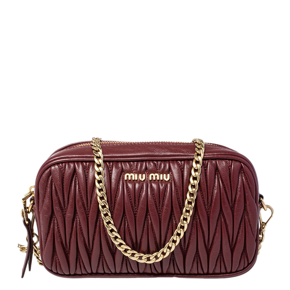 Pre Owned Miu Miu Dark Red Matelassé Leather Crossbody Bag