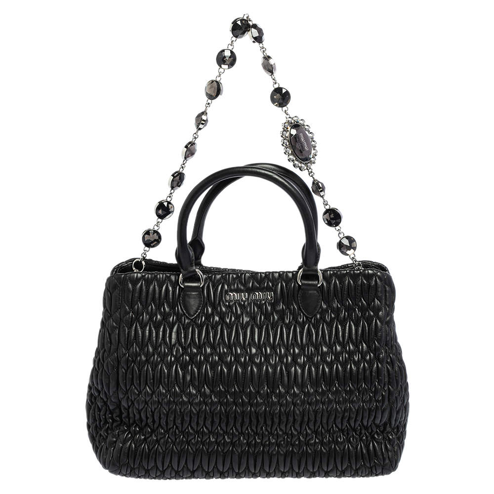Pre Owned Miu Miu Black Matelasse Nappa Leather Crystal Tote