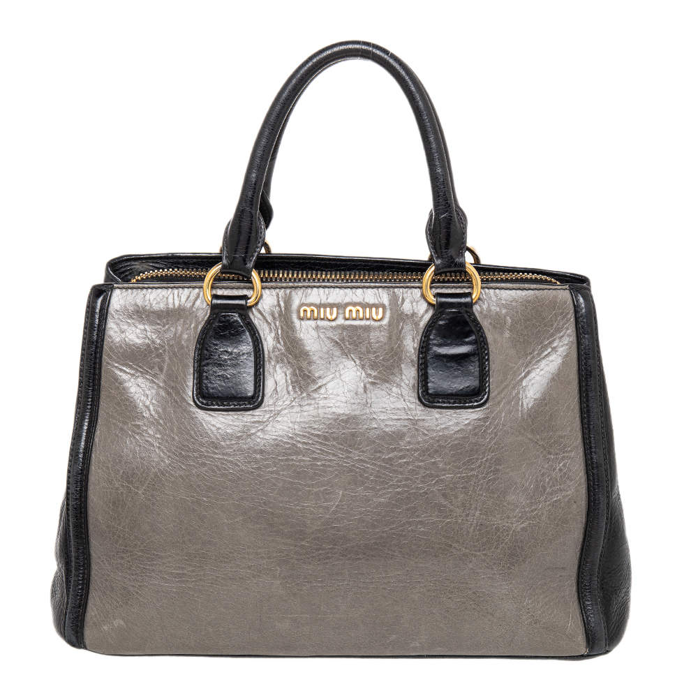 Pre Owned Miu Miu Grey/Black Leather Tote