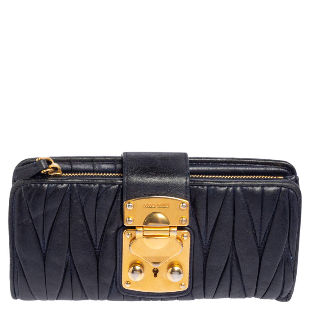 Miu Miu Navy Blue Matelassé Leather Clasp Lock Continental Wallet