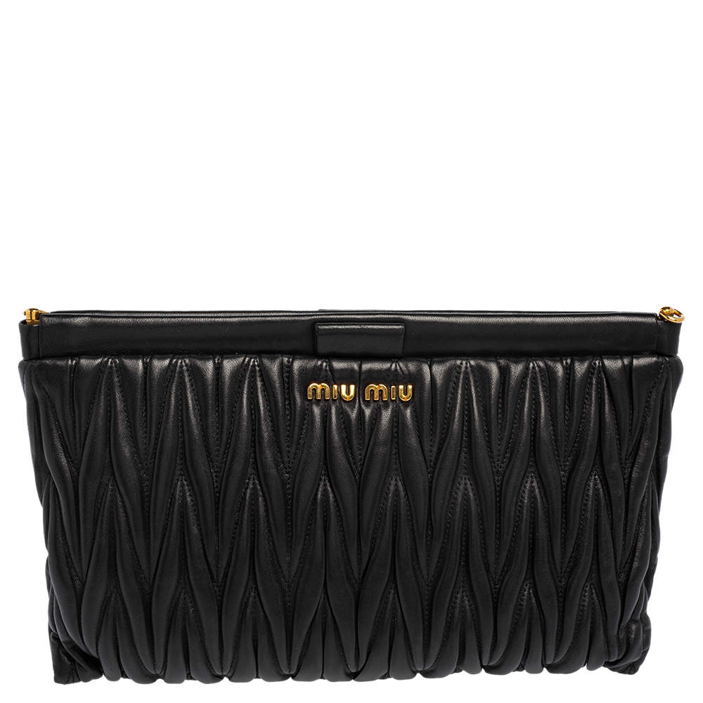 Pre Owned Miu Miu Black Matelassé Leather Frame Clutch Bag