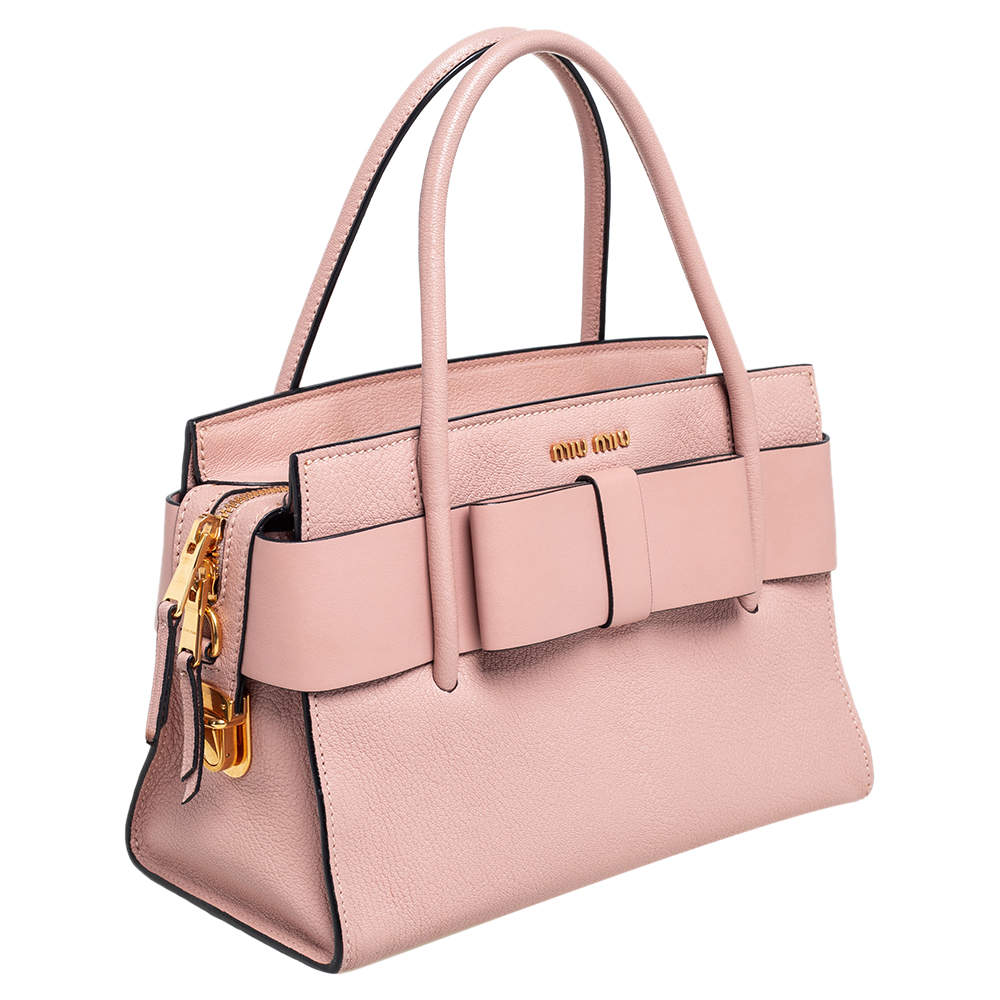 Miu Miu Madras Fiocco Bow Tote Pink Leather Small Crossbody Bag NEW