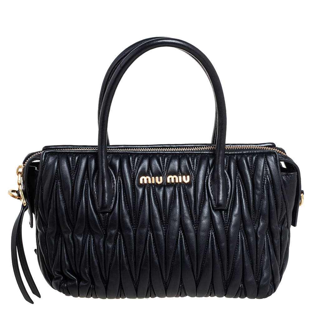 Pre Owned Miu Miu Black Matelassé Leather Small Convertible Satchel