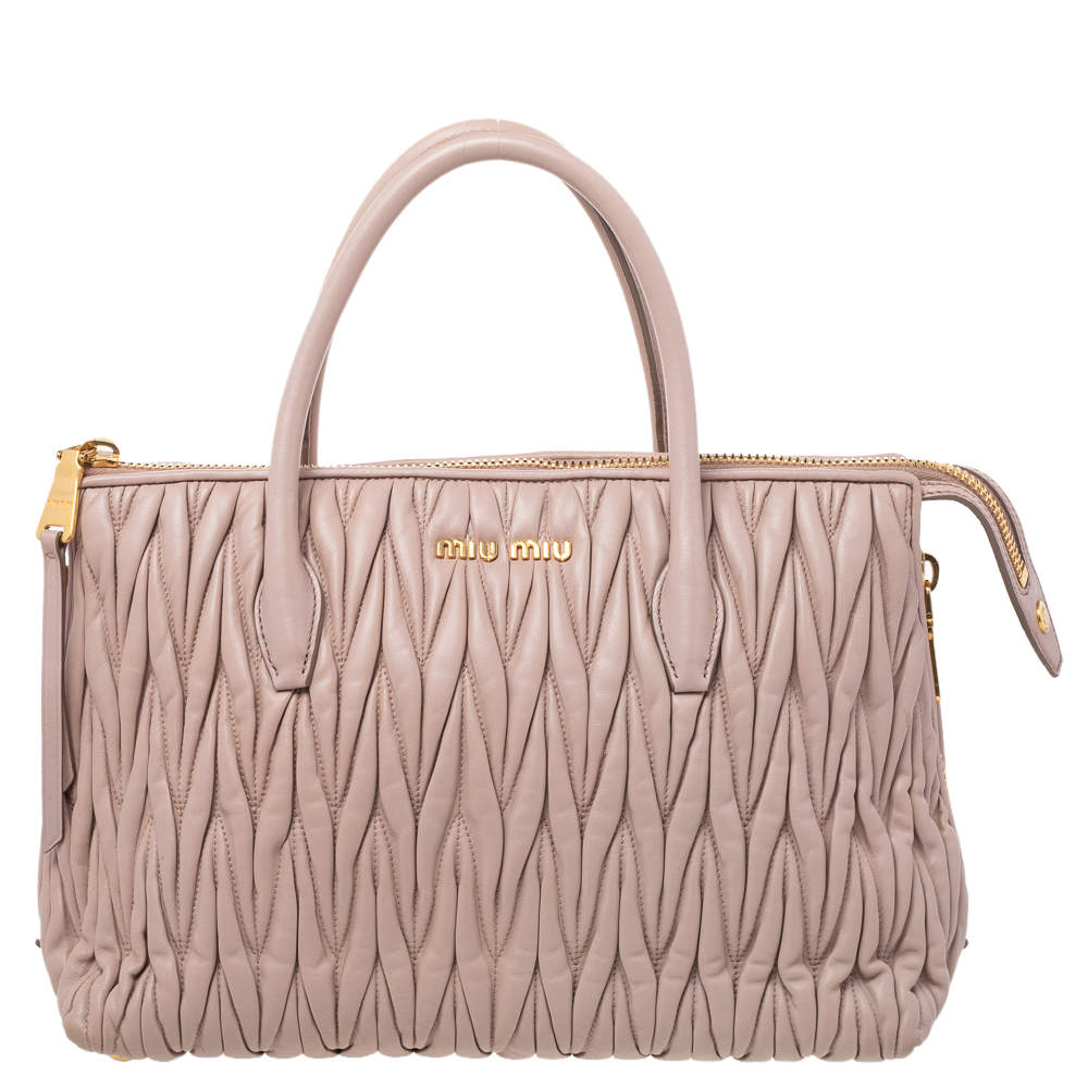 Pre Owned Miu Miu Beige Matelassé Leather Zip Satchel 