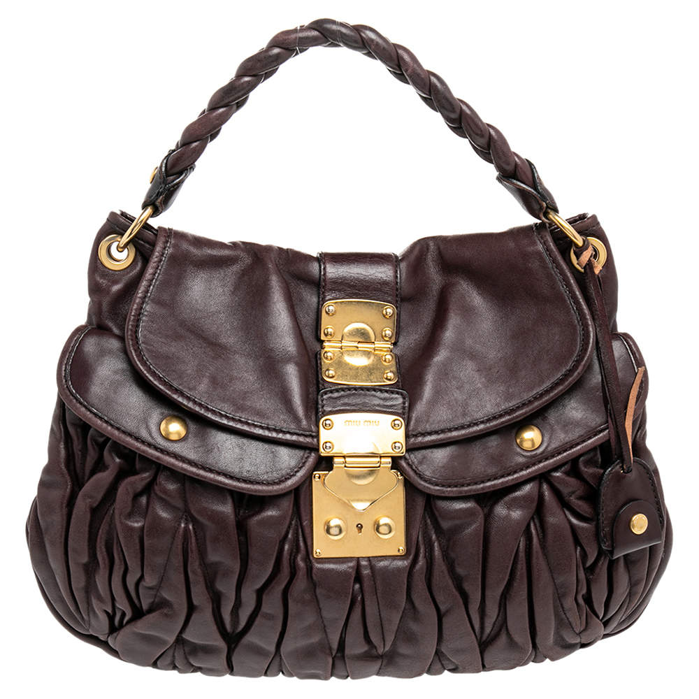 Pre Owned Miu Miu Burgundy Matelassé Leather Coffer Hobo