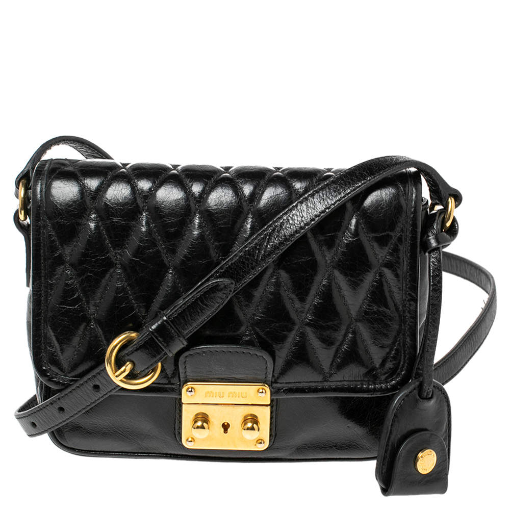Pre Owned Miu Miu Black Vitello ShineTrapu Leather Flap Crossbody Bag