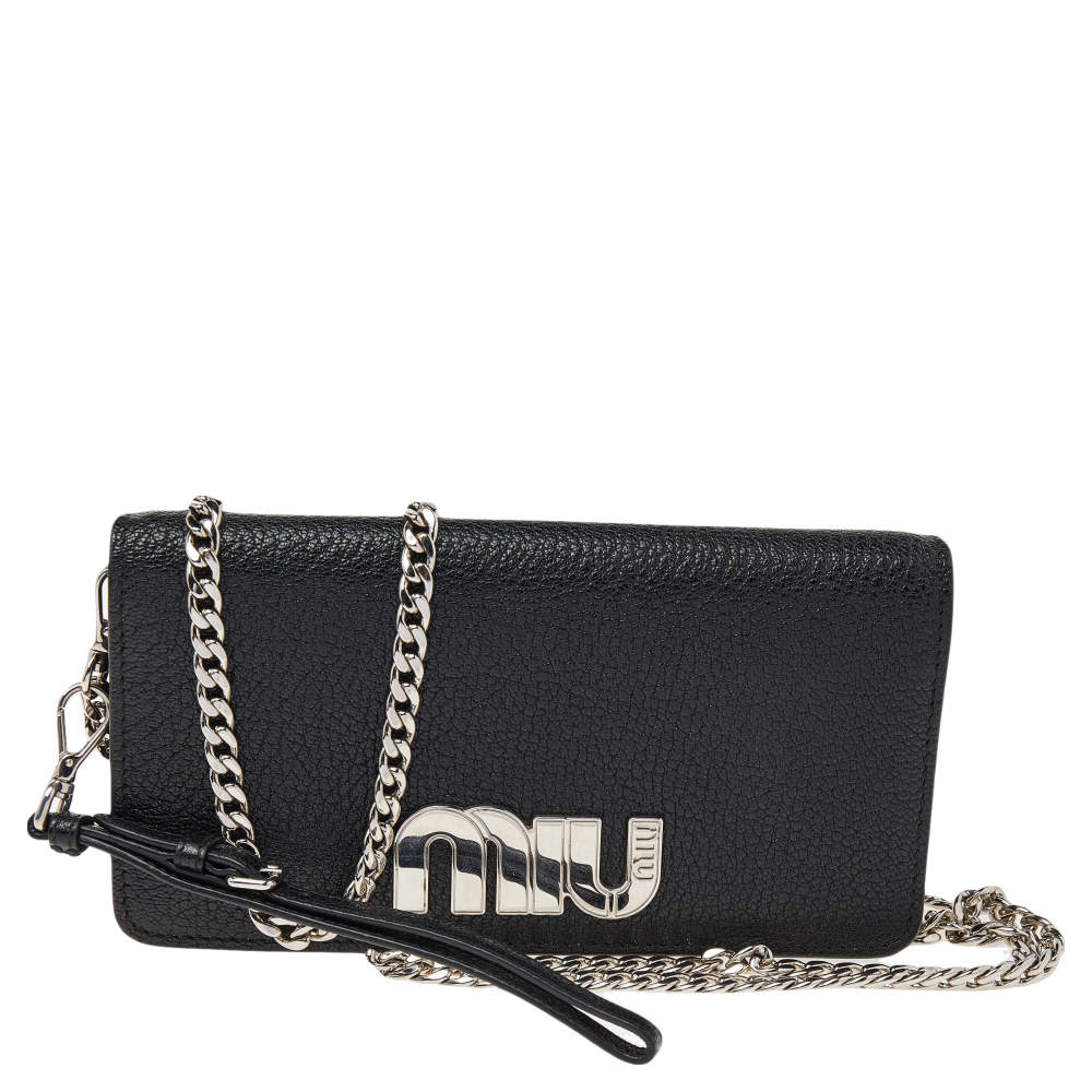 Miu Miu Black Leather Wristlet Wallet on Chain