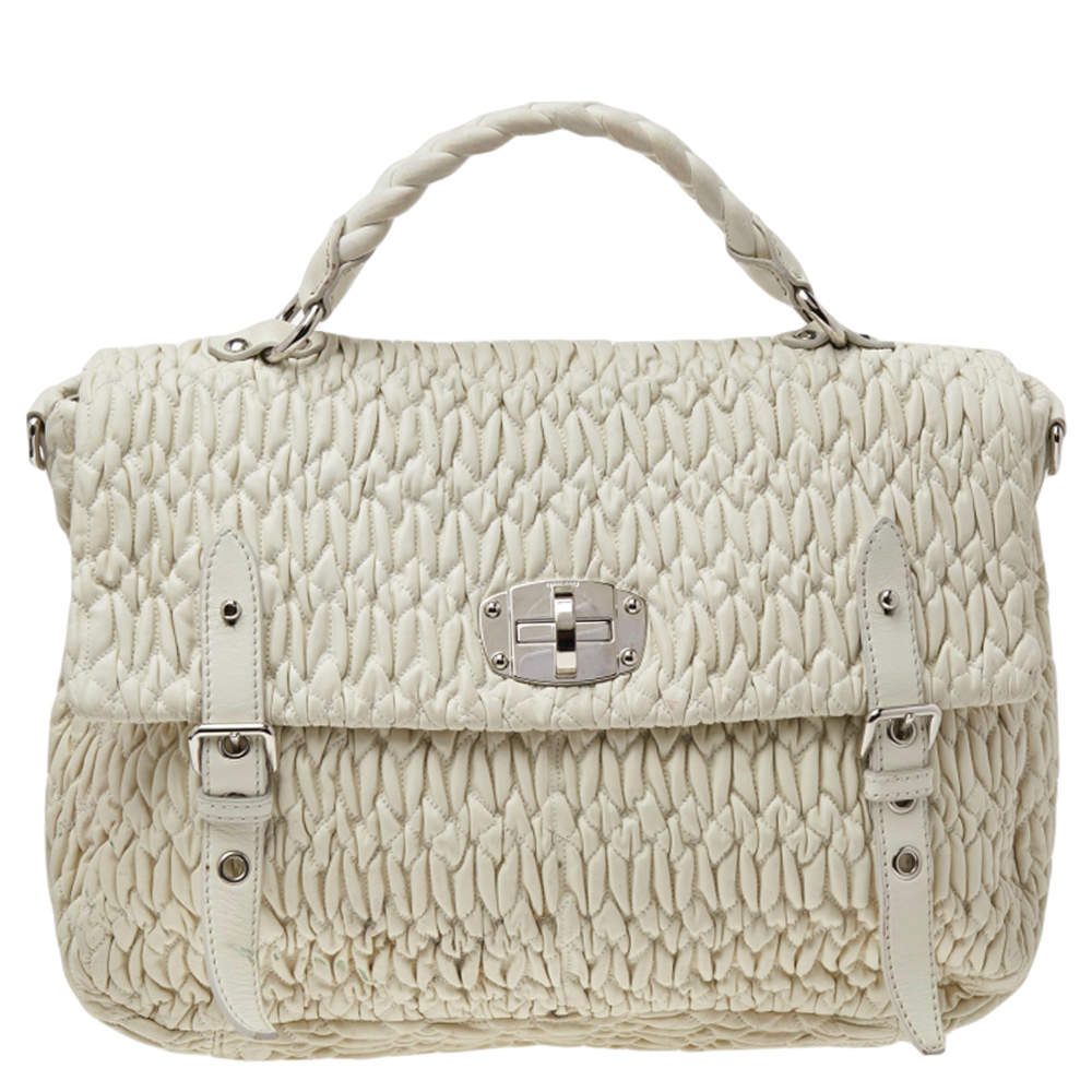 Pre Owned حقيبة ميو ميو جلد نابا ماتيلاس أبيض قفل دوار يد علوية