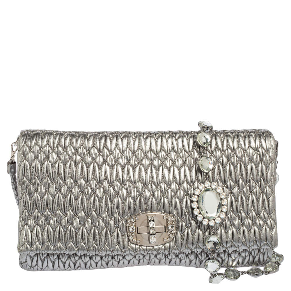 Miu Miu Silver Matelassé Leather Crystal Embellished Shoulder Bag 