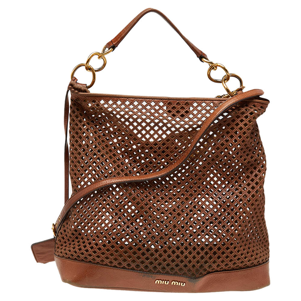 Pre Owned Miu Miu Brown Cut Out Leather Hobo