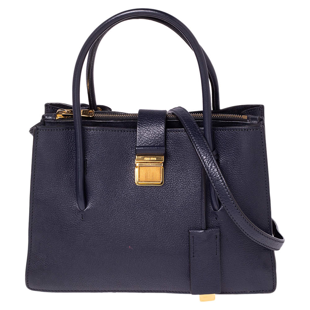 Pre Owned Miu Miu Navy Blue Madras Leather Push Lock Tote