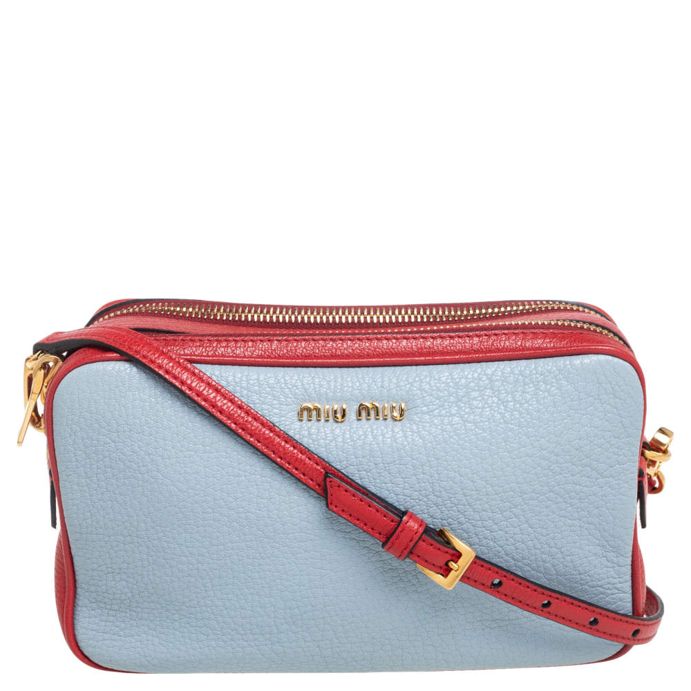 Miu Miu Blue/Red Madras Leather Double Zip Camera Crossbody Bag