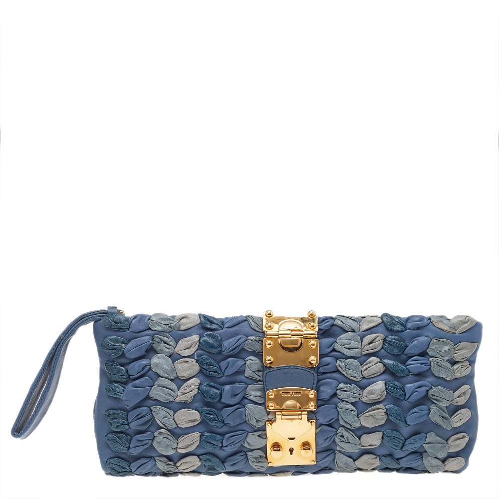 Pre Owned حقيبة كلتش ميو ميو جلد أزرق/رصاصي بحمالة معصم 