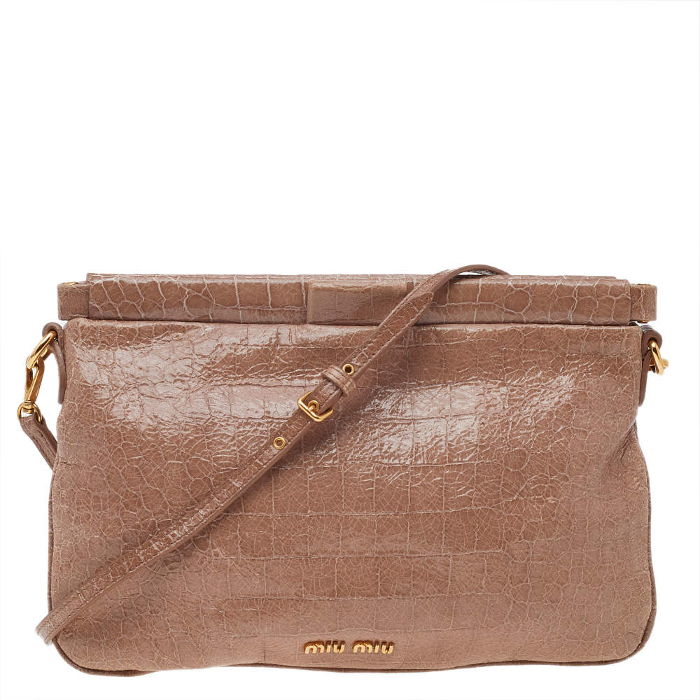 Pre Owned Miu Miu Beige Croc Embossed Crackle Leather Crossbody Bag