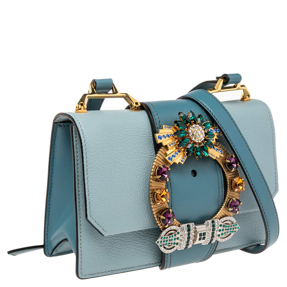Miu Miu Two Tone Blue Madras Leather Crystal Embellished Buckle Flap  Shoulder Bag Miu Miu | The Luxury Closet