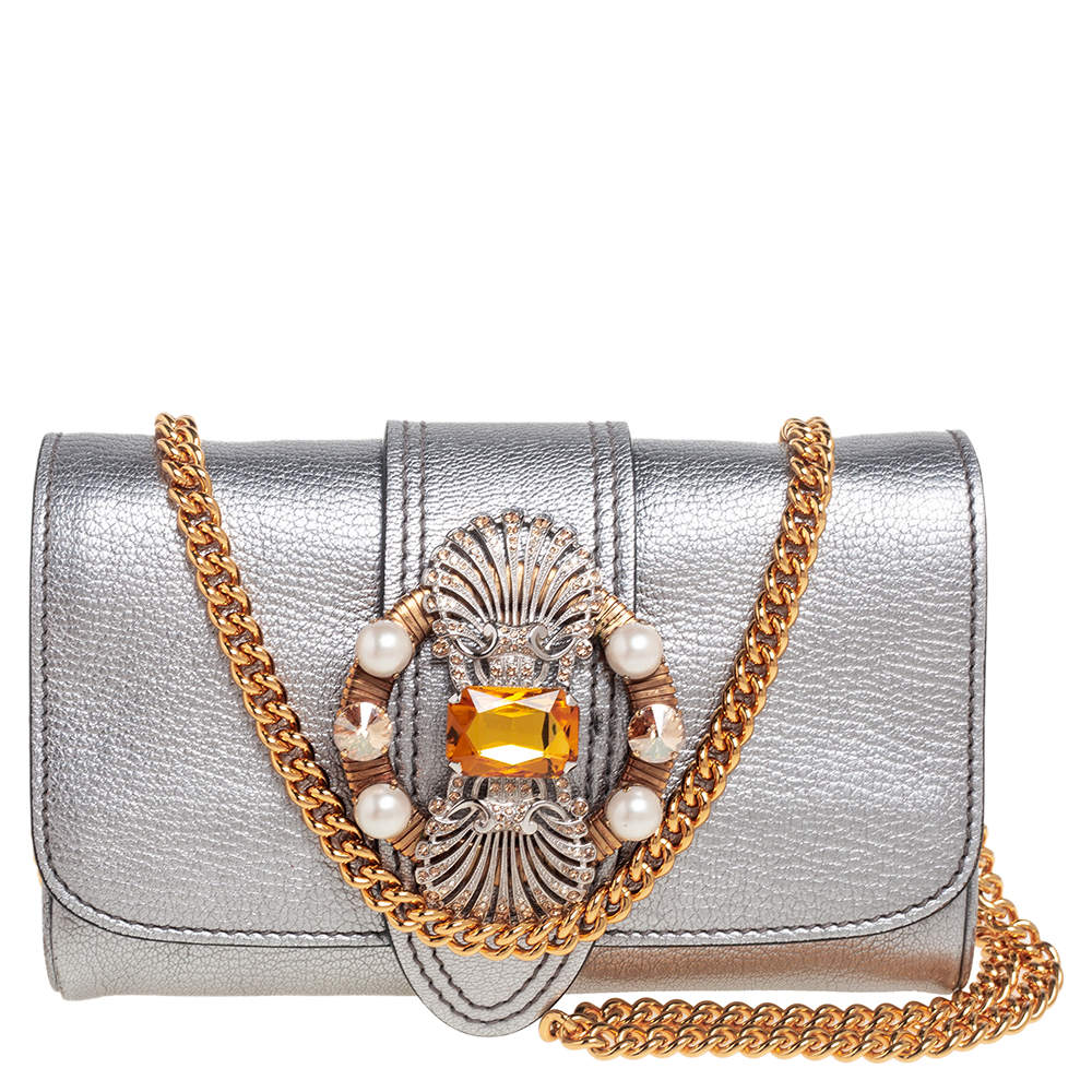 Pre Owned Miu Miu Silver Madras Leather Jewel Embellished Chain Clutch